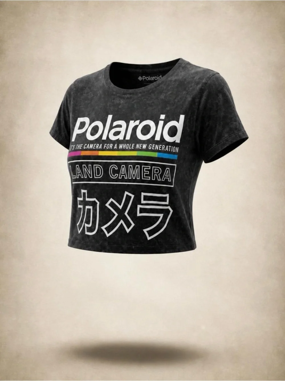 Polaroid Charcoal Cropped Graphic Tee with White Logo